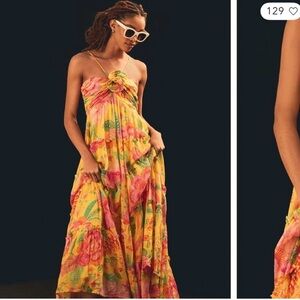 FARM Rio Yellow and Pink Floral Maxi Dress Macaw Bloom Tiered Dress